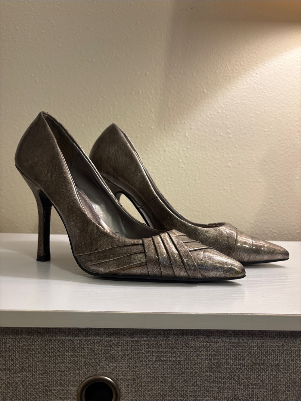 Maurices Metallic Taupe Pointed-Toe Heels with Pleated Detail